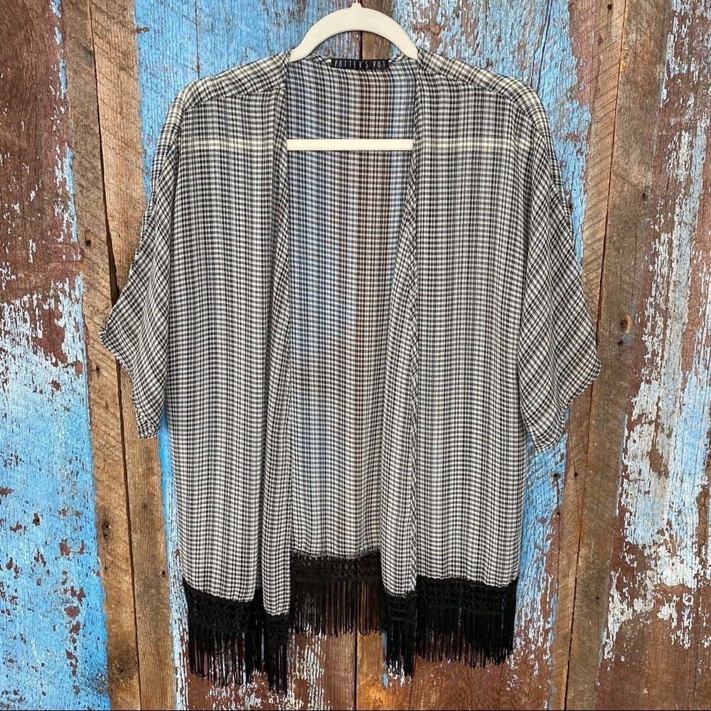 Potter’s Pot Kimono Festival Boho Gingham White & Black Fringed Size L